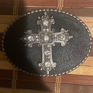 Black and stainless steel cross belt buckle with crystals